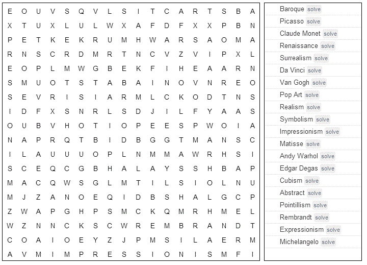 Word Search Art History Printable Version