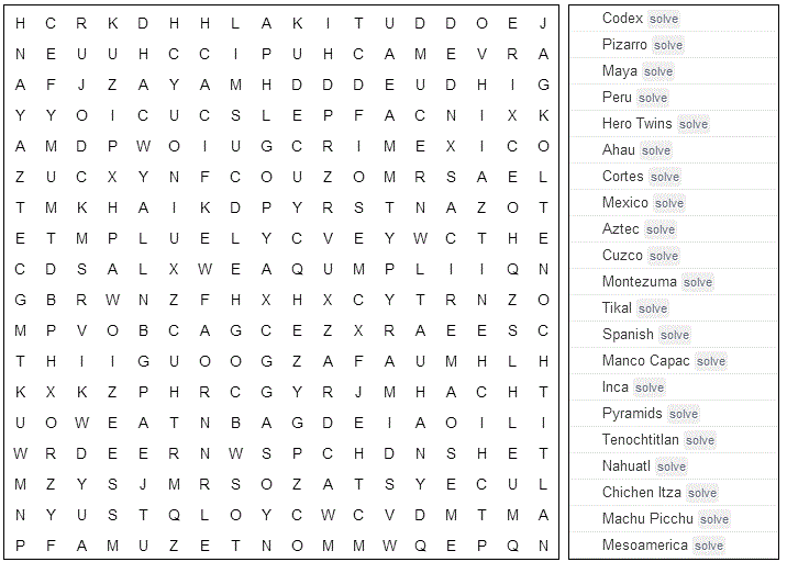 Word Search Aztec Maya And Inca Civilizations Printable Version