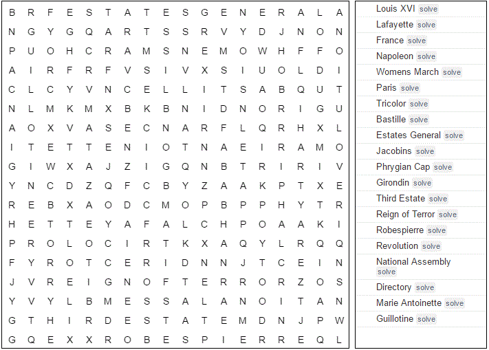 Word Search French Revolution Printable Version