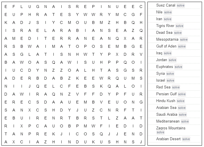 Word Search Middle East Geography Printable Version