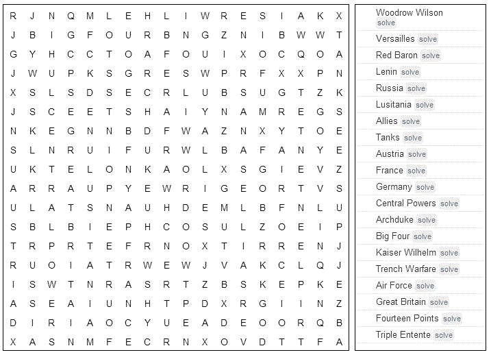 Word Search World War I Printable Version